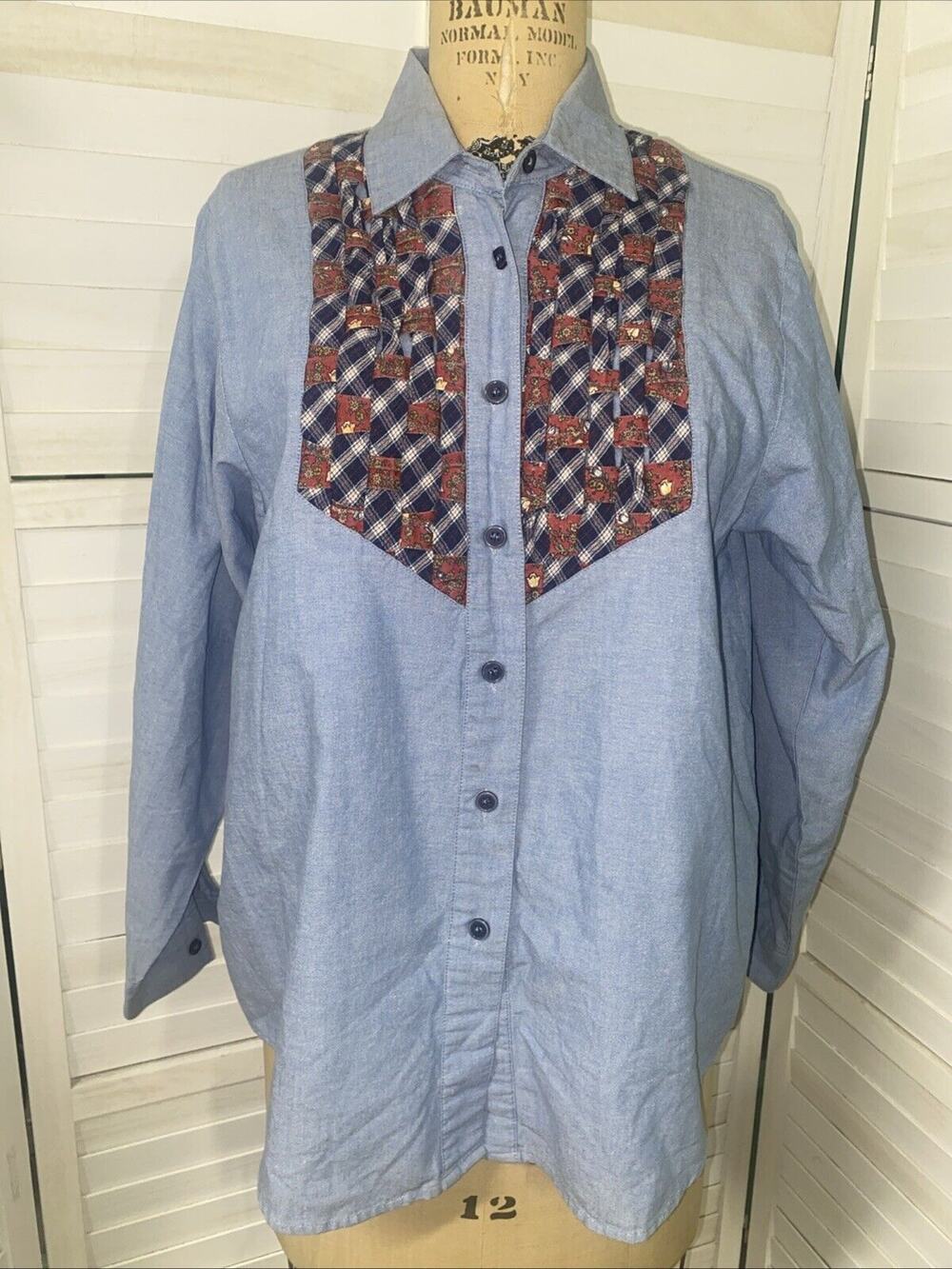 NAPA VALLEY Vintage Denim Chambray Patchwork Woven Button-Up Shirt Women’s Large
